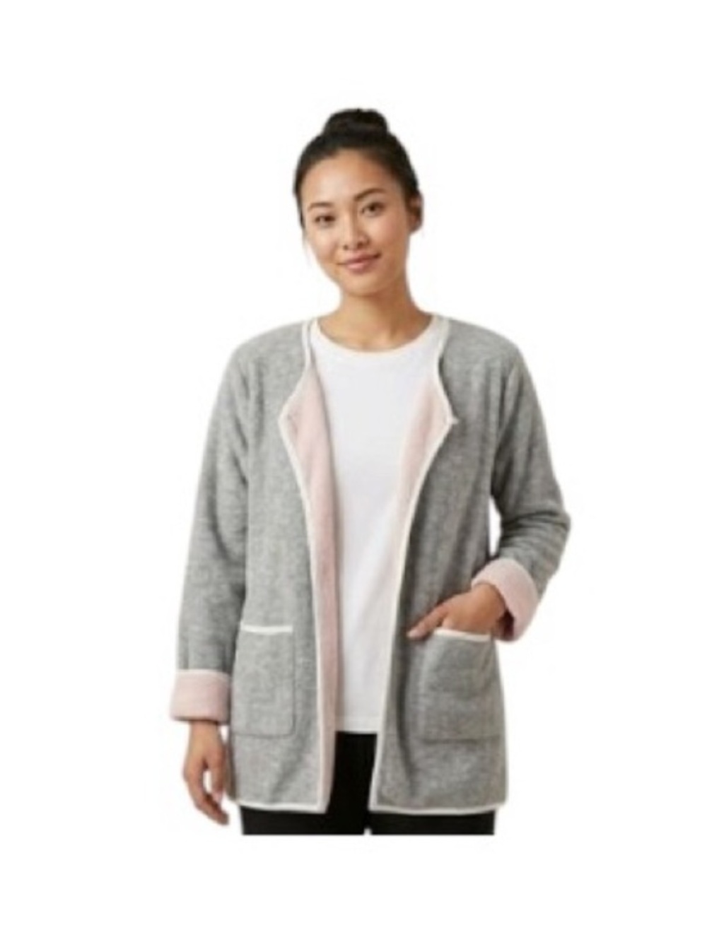Helcarch Cardigan Gray/Pink Long Sweater Jacket Open Front
Pockets Stretch L